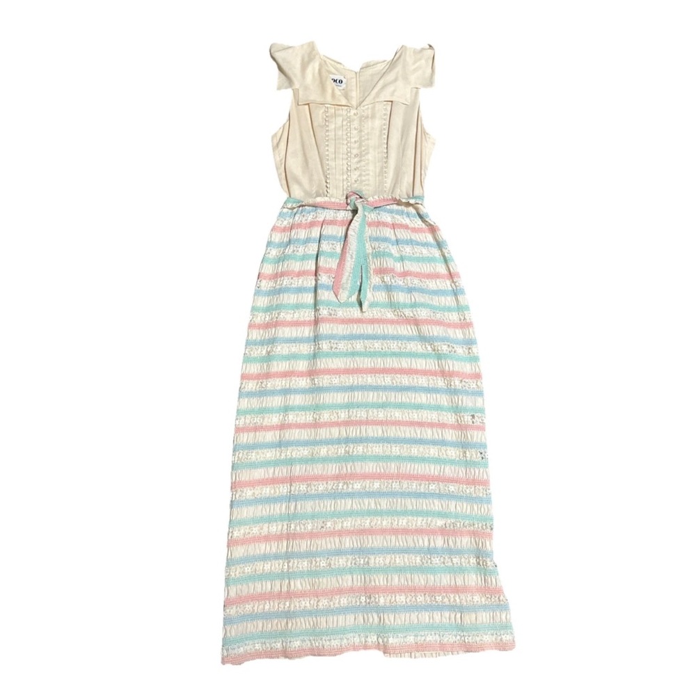 Vintage COCO California Prairie Midi Dress Lace Boho Cottagecore Pleated Tie